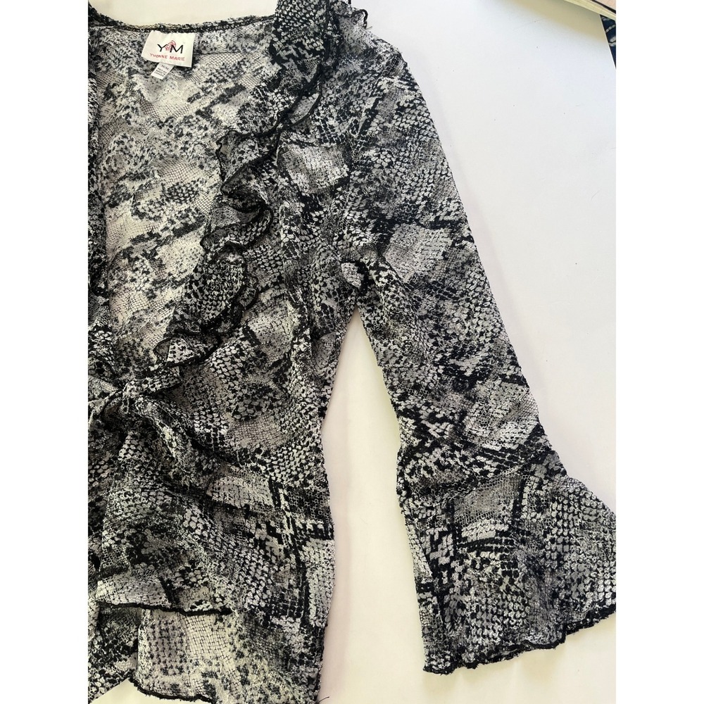 Vintage Snakeskin Lace Wrap Top Ruffle Bell Sleeve Grey Black Medium